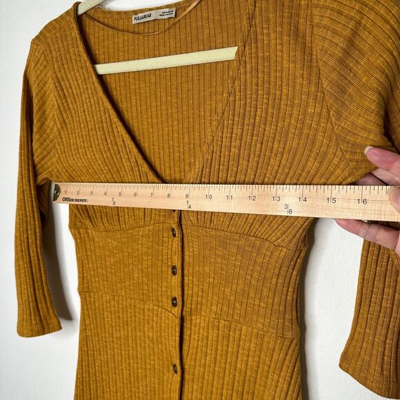 Pull & Bear Golden Yellow Cotton Rib Long Sleeve VNeck Button Up Mini Dress S - Picture 10 of 13
